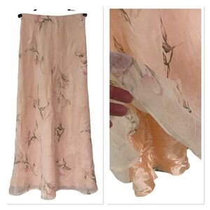 Vtg Pink Floral Crinkle Chiffon Layered Sheer Pull On Maxi Skirt Cottage Fairy 6